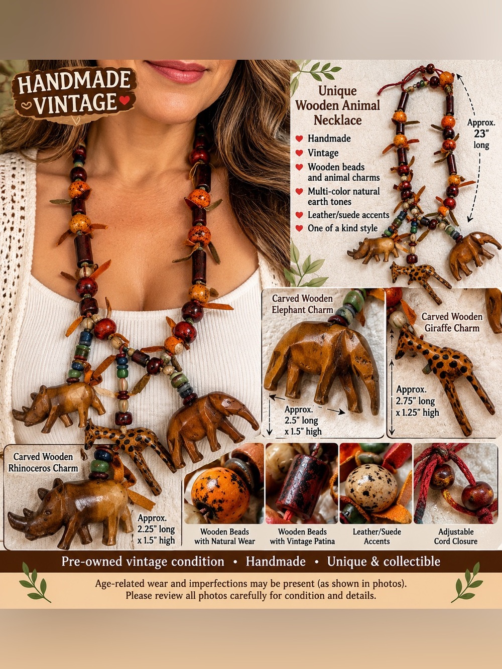 Handmade Wooden Animal Necklace - Multi-Color Earth Tones